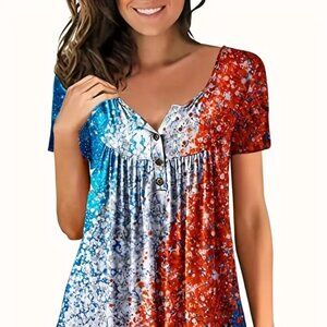 Women's Plus Size Colorblock Ombre Print Button Front Summer Vacation Top 24W